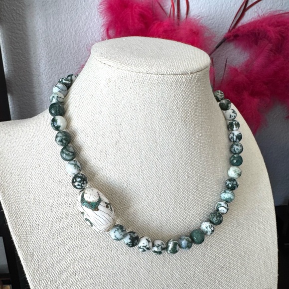 Artisan Moss Agate and Porcelain Beaded Necklace - Picture 3 of 8